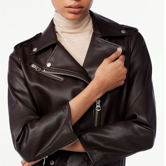 Scoop Neck Faux Leather Moto Jacket - Picture 5 of 16